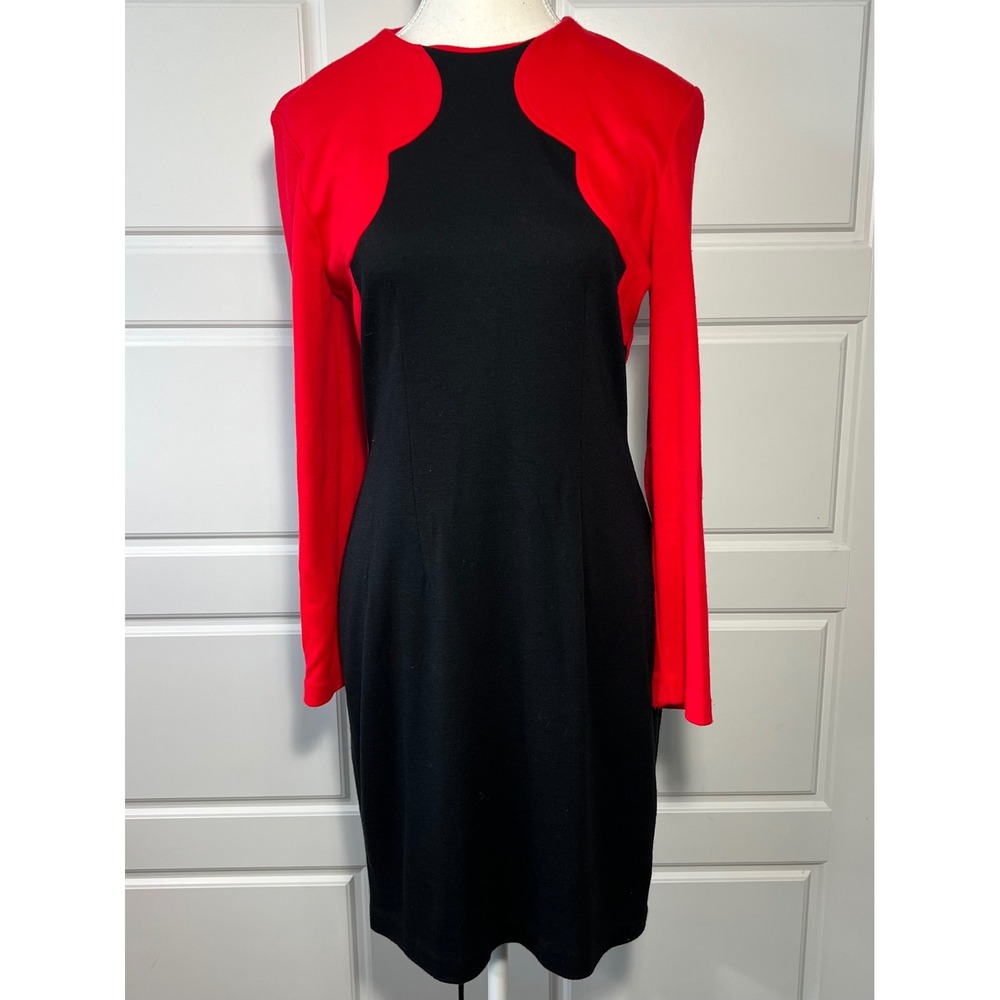 All That Jazz Black Red Scalloped Neck Long Sleeve Sheath Dress Size 9 10
